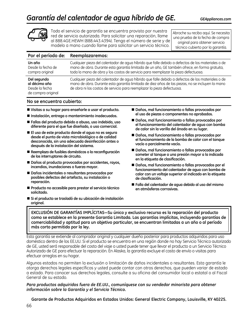 Garantía del calentador de agua híbrido de ge | GE GEH50DXSRGA User Manual | Page 66 / 68