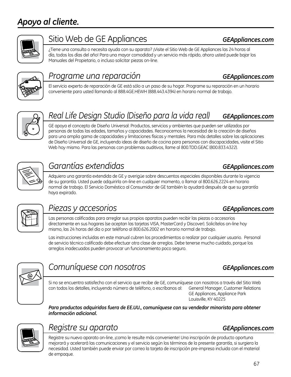 Apoyo al cliente. piezas y accesorios, Sitio web de ge appliances, Programe una reparación | Real life design studio (diseño para la vida real), Garantías extendidas, Comuníquese con nosotros, Registre su aparato | GE GEH50DXSRGA User Manual | Page 67 / 68