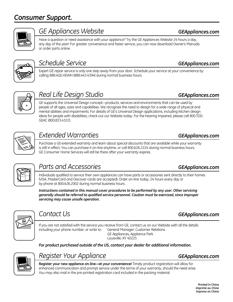 Consumer support. parts and accessories, Ge appliances website, Schedule service | Real life design studio, Extended warranties, Contact us, Register your appliance | GE GEH50DXSRGA User Manual | Page 68 / 68
