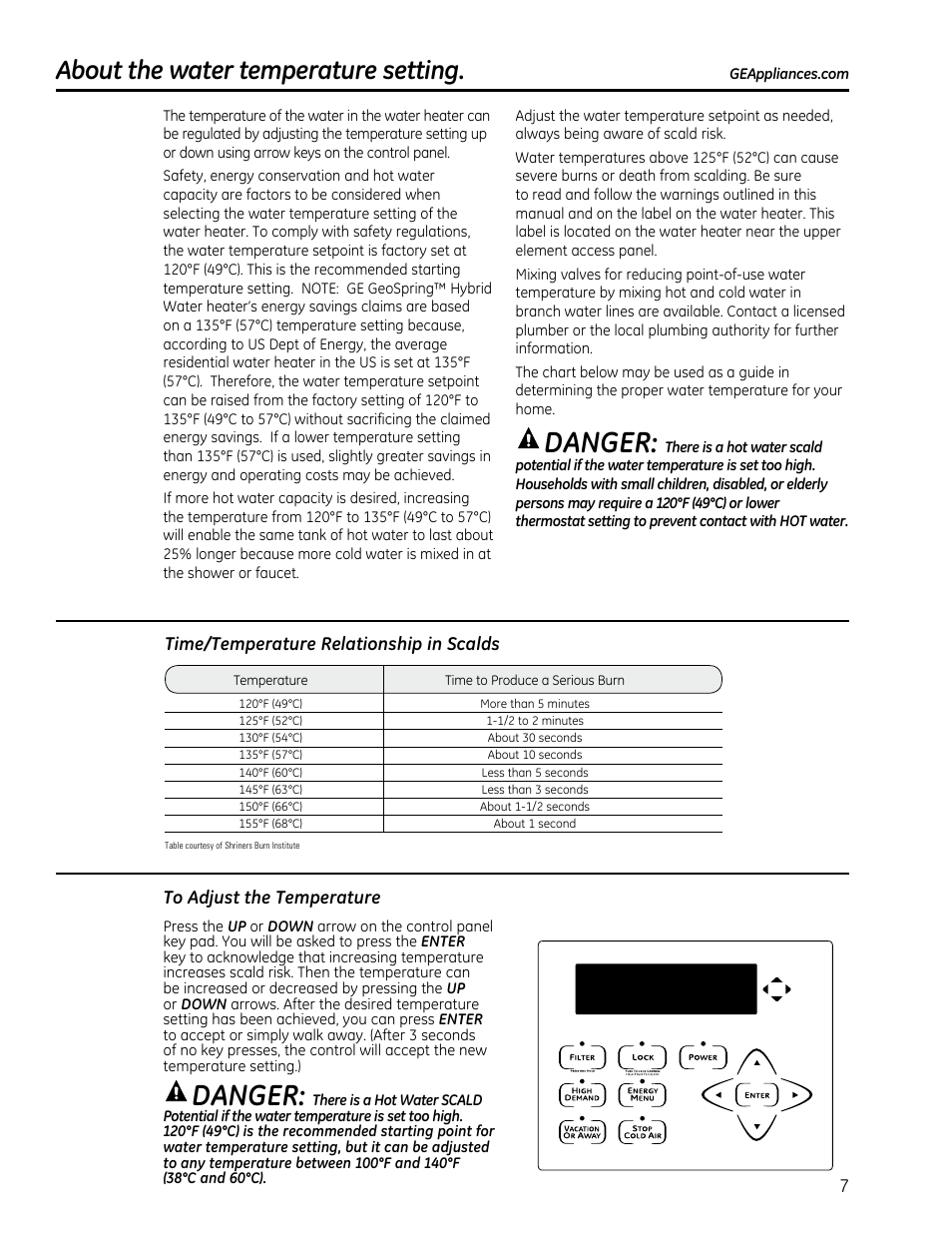 Danger, About the water temperature setting | GE GEH50DXSRGA User Manual | Page 7 / 68
