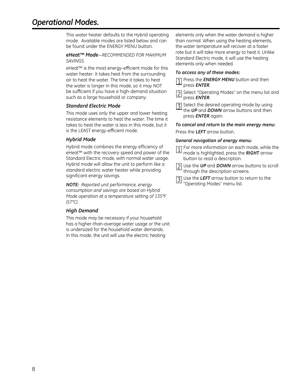 Operational modes | GE GEH50DXSRGA User Manual | Page 8 / 68