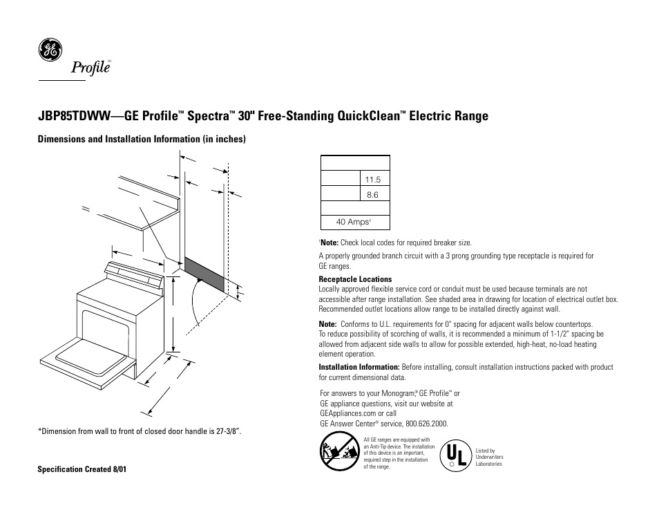 GE Profile JBP85TDWW User Manual | 2 pages