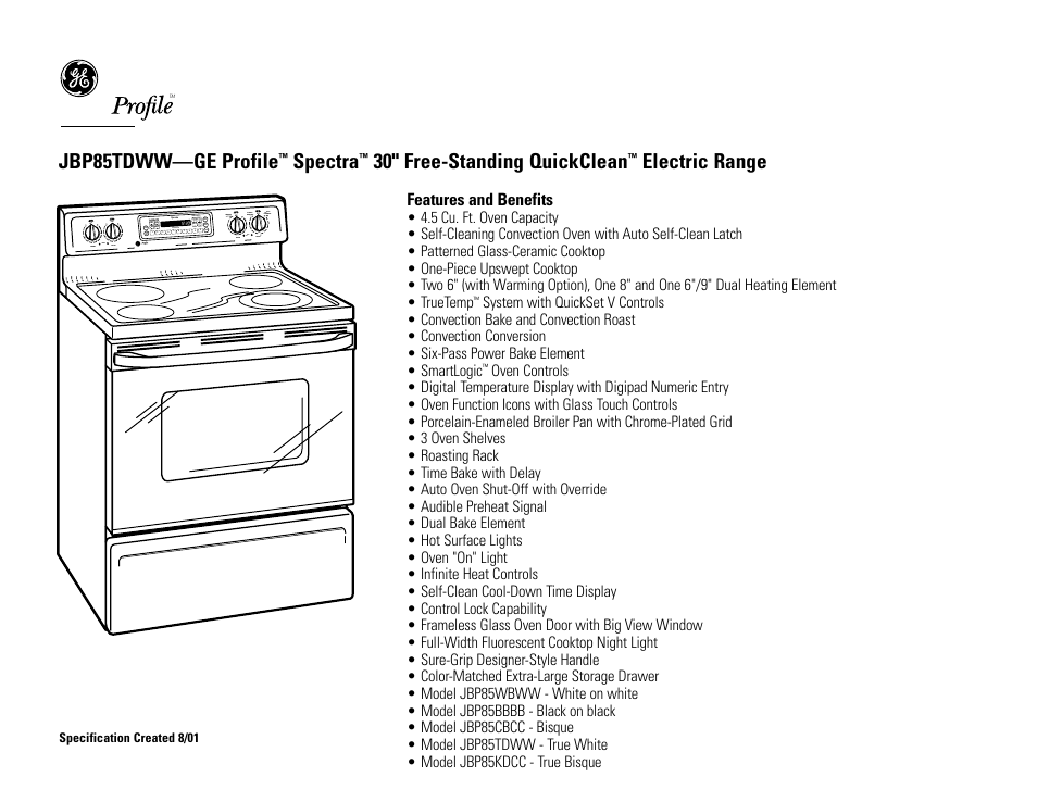 Jbp85tdww—ge profile, Spectra, 30" free-standing quickclean | Electric range | GE Profile JBP85TDWW User Manual | Page 2 / 2