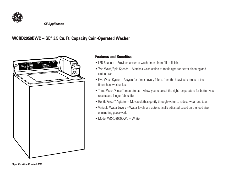 Wcrd2050dwc – ge, 5 cu. ft. capacity coin-operated washer | GE WCRD2050DWC User Manual | Page 2 / 2