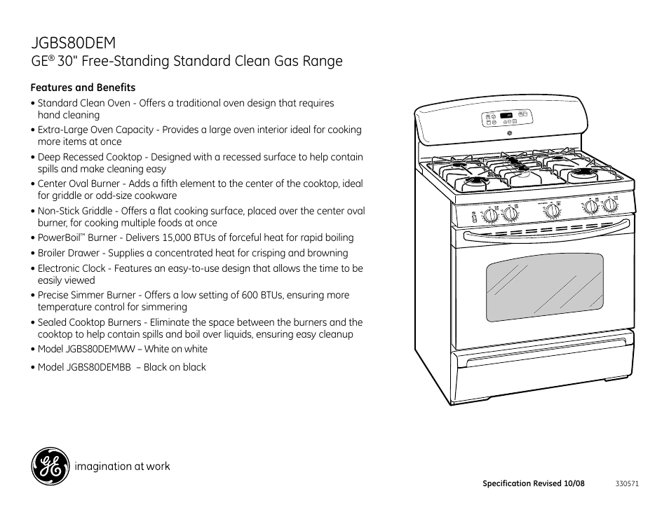 Jgbs80dem, 30" free-standing standard clean gas range | GE Profile JGBS80DEMBB User Manual | Page 2 / 2