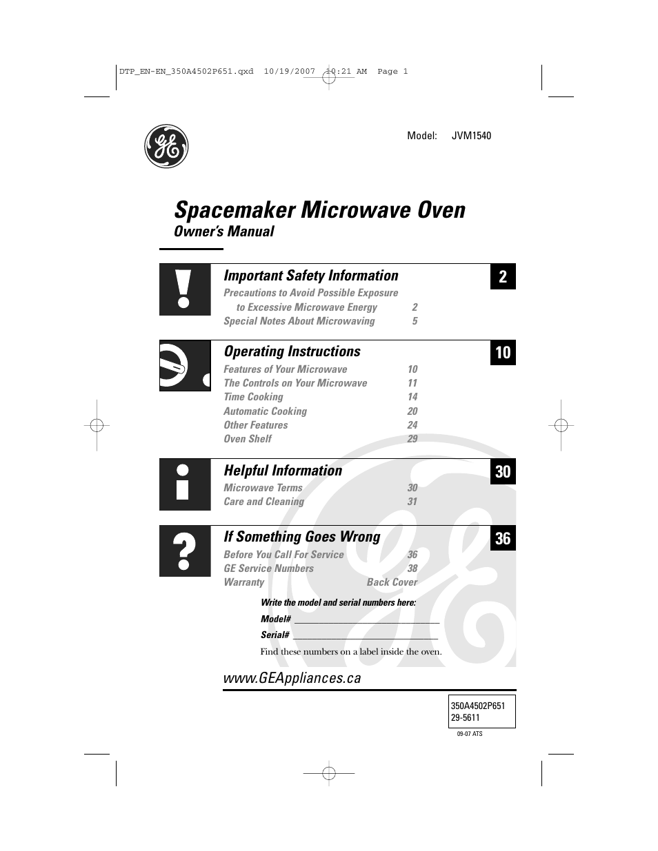GE Spacemaker Microwave Oven JVM1540 User Manual | 43 pages