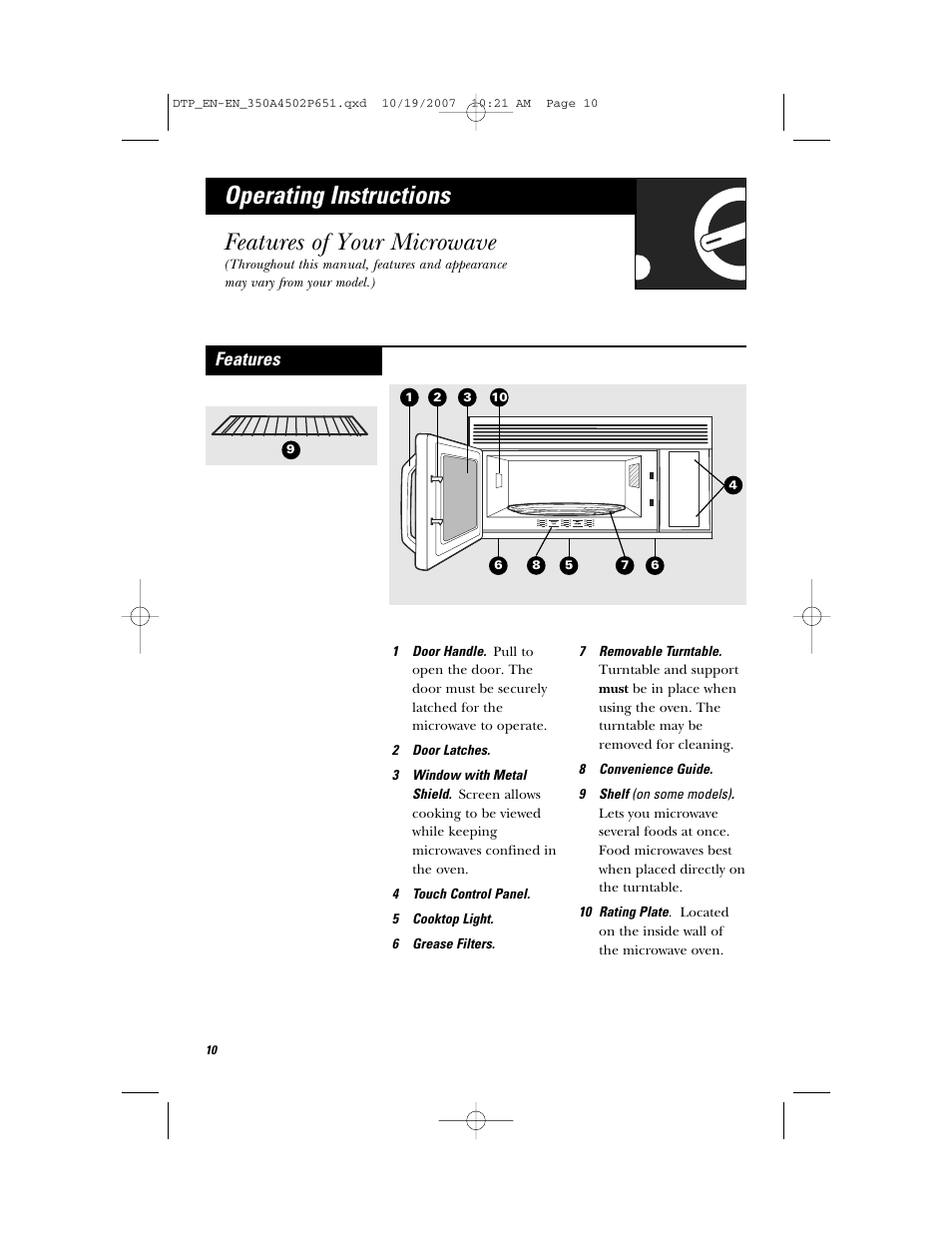 Operating instructions, Features of your microwave, Features | GE Spacemaker Microwave Oven JVM1540 User Manual | Page 10 / 43