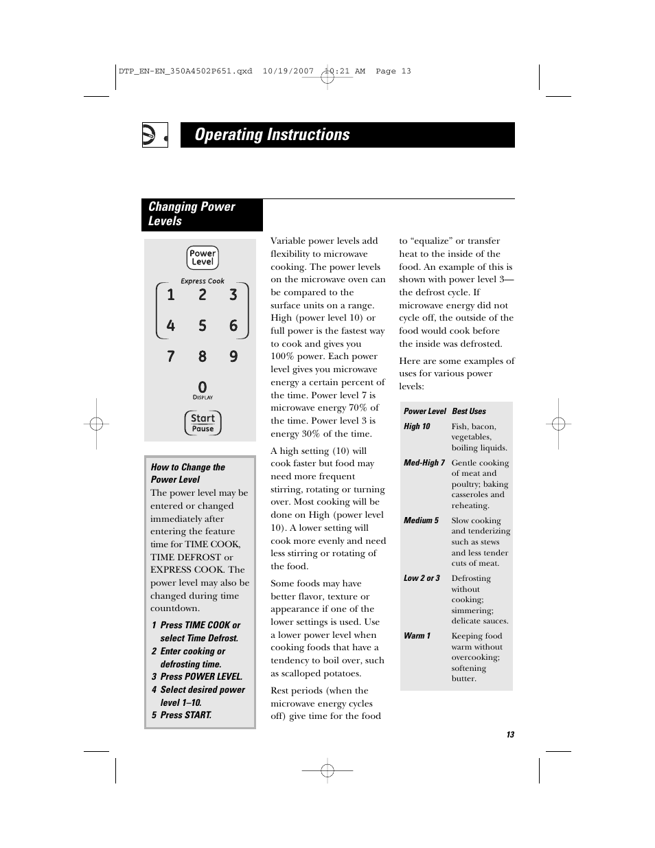 Operating instructions, Changing power levels | GE Spacemaker Microwave Oven JVM1540 User Manual | Page 13 / 43