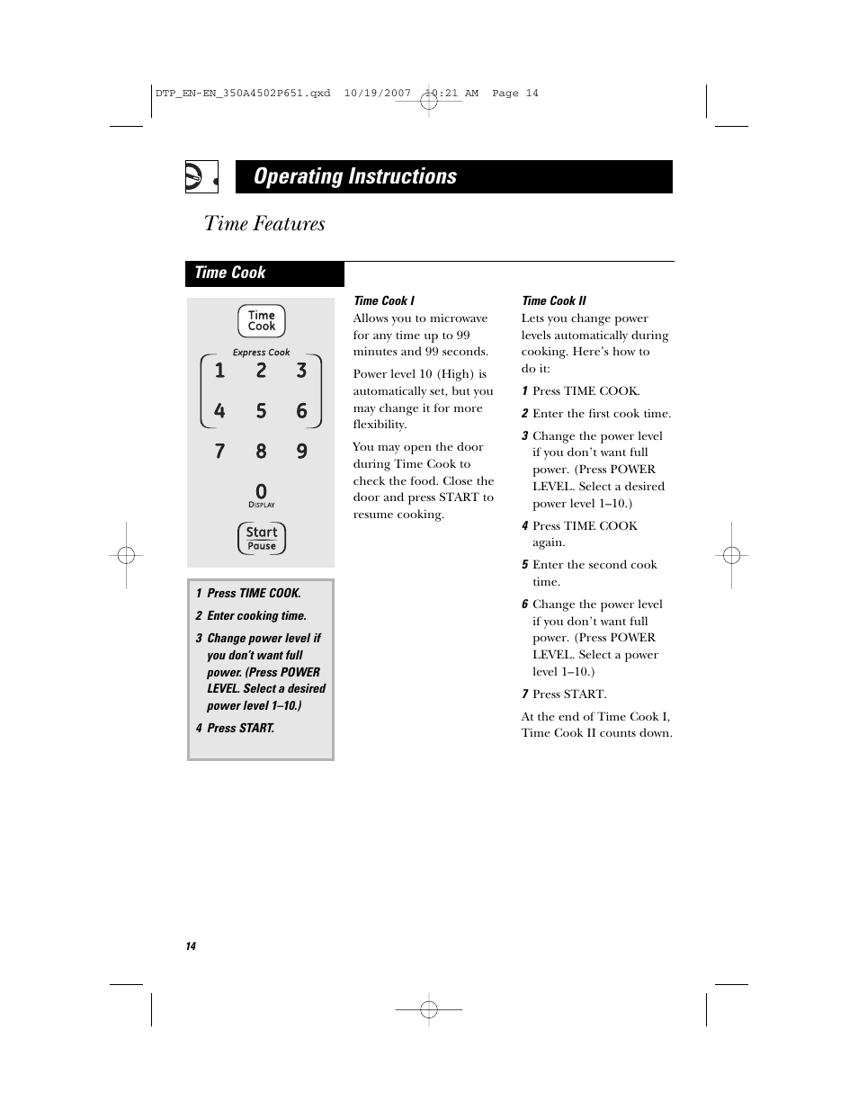 Operating instructions, Time features, Time cook | GE Spacemaker Microwave Oven JVM1540 User Manual | Page 14 / 43