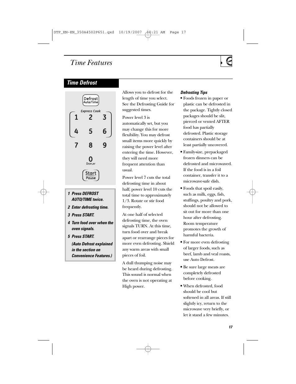 Time features, Time defrost | GE Spacemaker Microwave Oven JVM1540 User Manual | Page 17 / 43