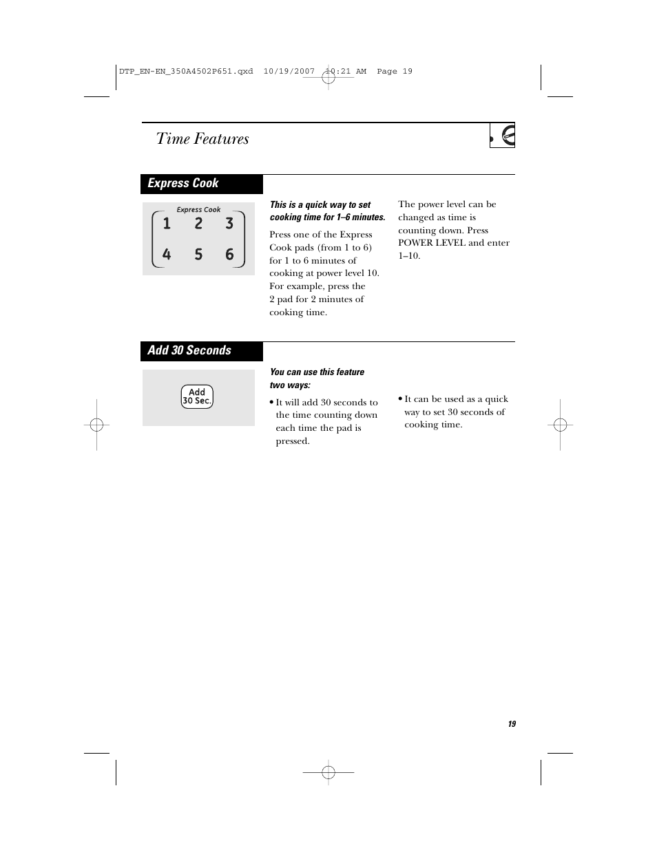 Time features, Add 30 seconds, Express cook | GE Spacemaker Microwave Oven JVM1540 User Manual | Page 19 / 43