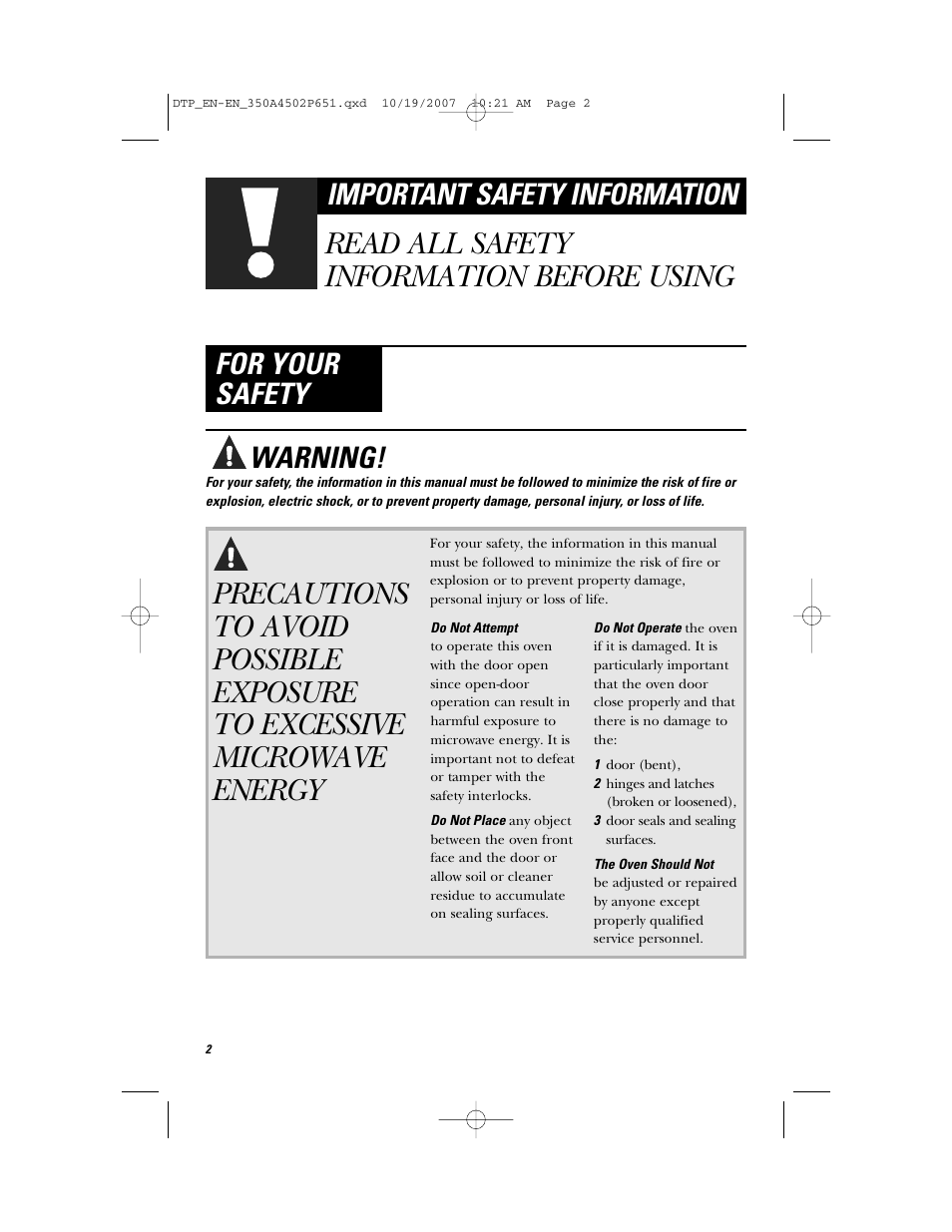 Read all safety information before using, Important safety information, For your safety | Warning | GE Spacemaker Microwave Oven JVM1540 User Manual | Page 2 / 43