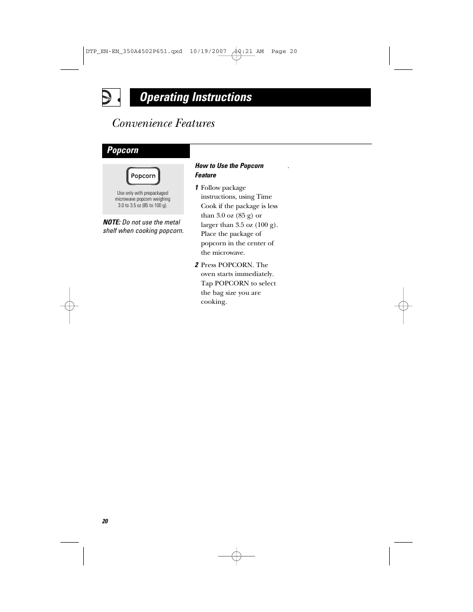 Operating instructions, Convenience features, Popcorn | GE Spacemaker Microwave Oven JVM1540 User Manual | Page 20 / 43