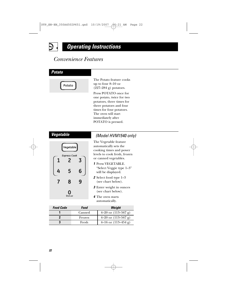 Operating instructions, Convenience features, Potato | Vegetable (model hvm1540 only) | GE Spacemaker Microwave Oven JVM1540 User Manual | Page 22 / 43