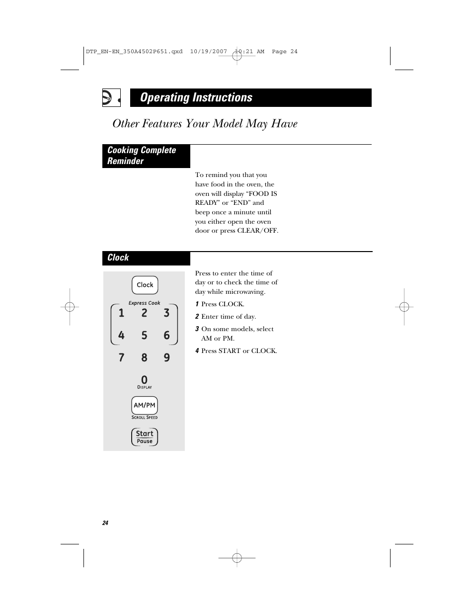 Operating instructions, Other features your model may have | GE Spacemaker Microwave Oven JVM1540 User Manual | Page 24 / 43