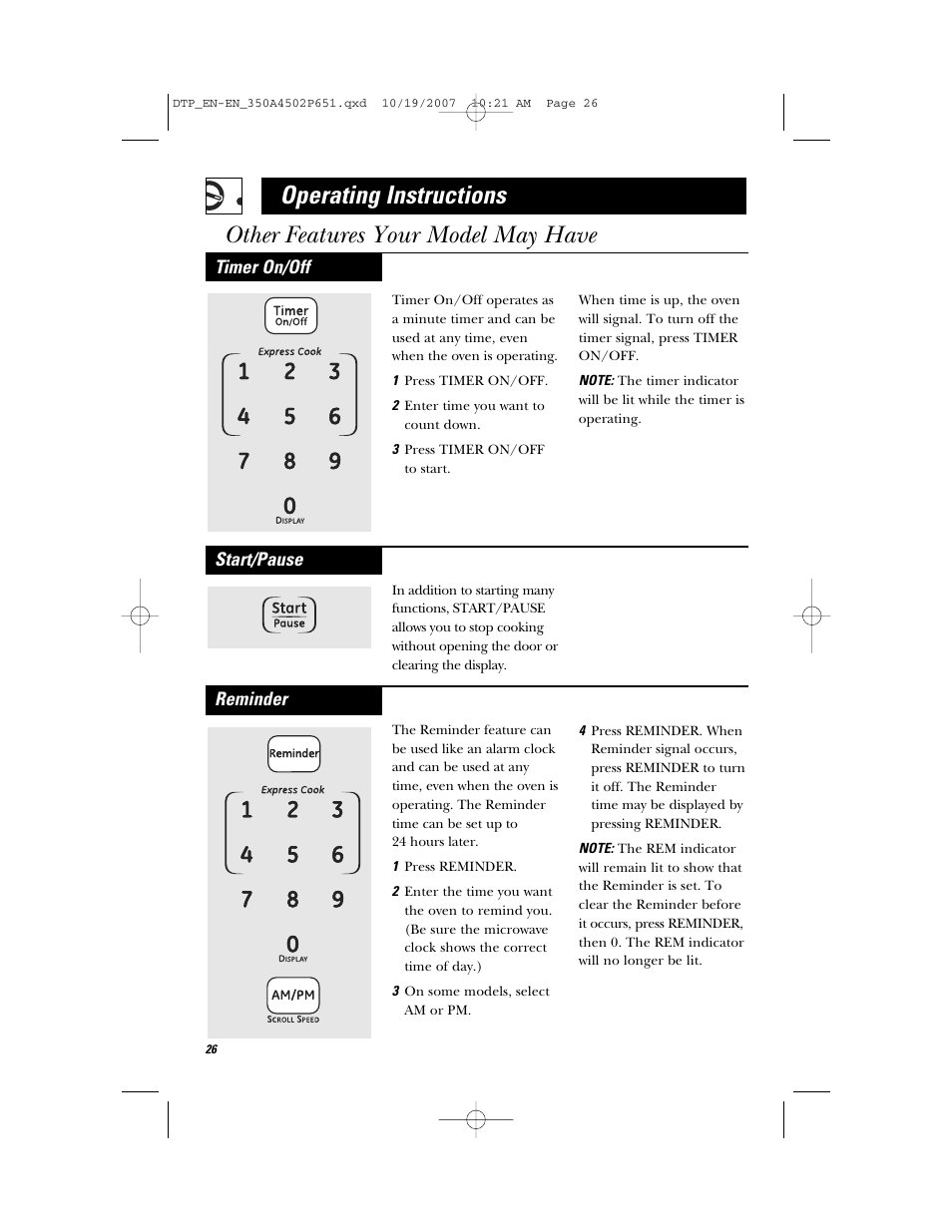 Operating instructions, Other features your model may have, Start/pause | Reminder, Timer on/off | GE Spacemaker Microwave Oven JVM1540 User Manual | Page 26 / 43