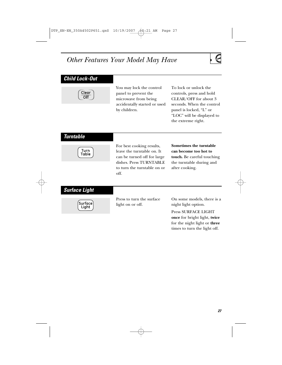 Other features your model may have, Child lock-out, Turntable | Surface light | GE Spacemaker Microwave Oven JVM1540 User Manual | Page 27 / 43