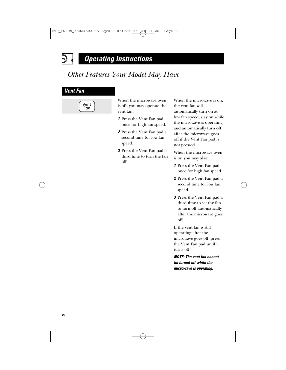 Operating instructions, Other features your model may have, Vent fan | GE Spacemaker Microwave Oven JVM1540 User Manual | Page 28 / 43