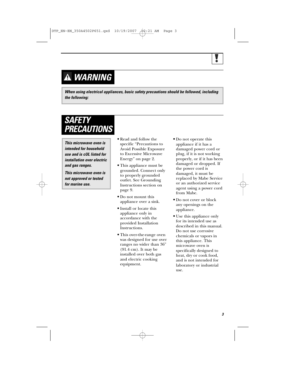Warning, Safety precautions | GE Spacemaker Microwave Oven JVM1540 User Manual | Page 3 / 43