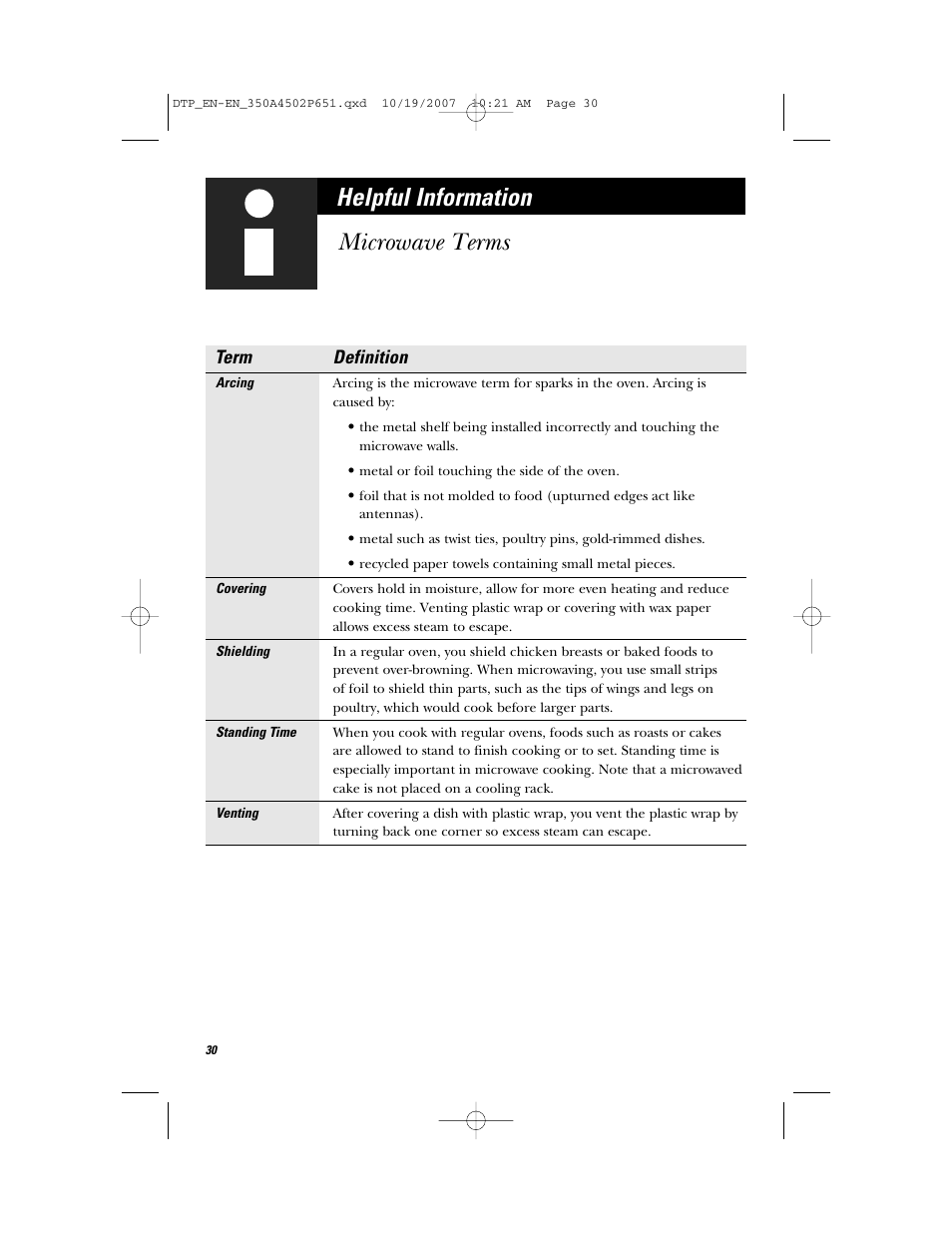 Helpful information, Microwave terms, Term definition | GE Spacemaker Microwave Oven JVM1540 User Manual | Page 30 / 43