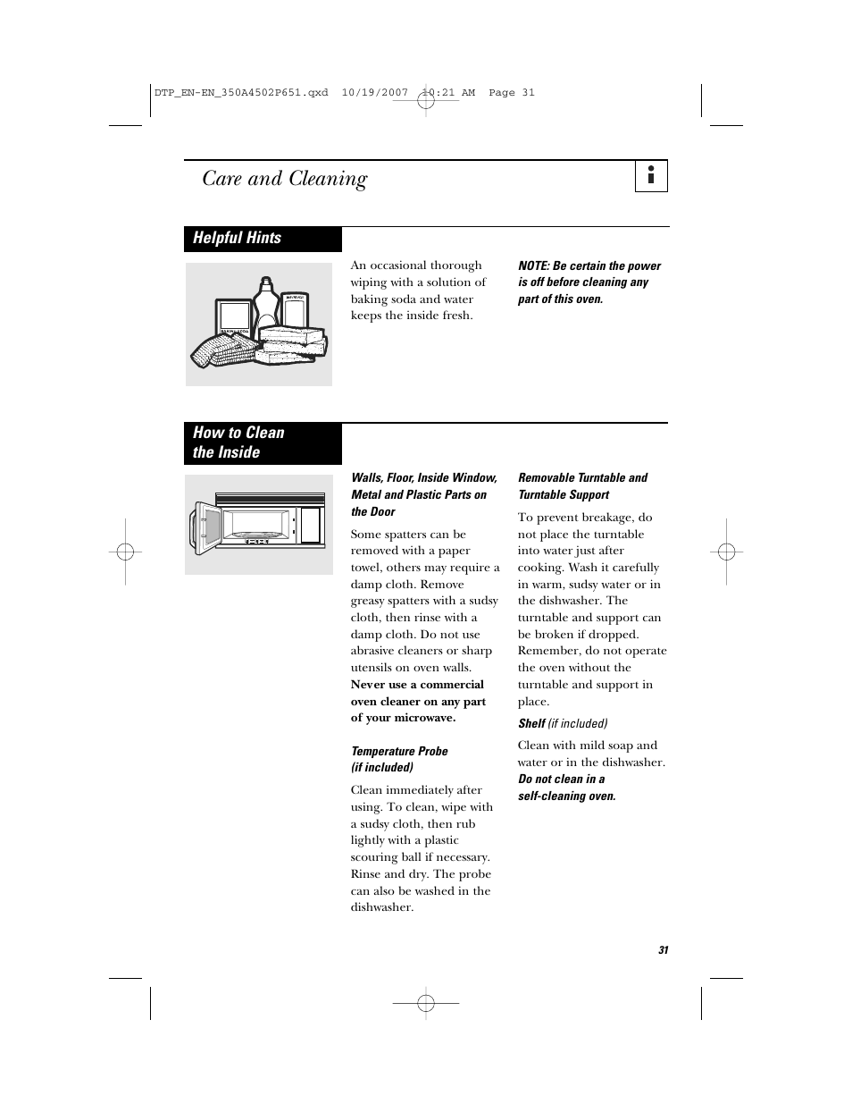 Care and cleaning, Helpful hints, How to clean the inside | GE Spacemaker Microwave Oven JVM1540 User Manual | Page 31 / 43