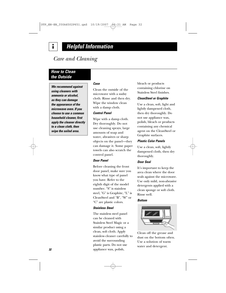 Helpful information, Care and cleaning, How to clean the outside | GE Spacemaker Microwave Oven JVM1540 User Manual | Page 32 / 43
