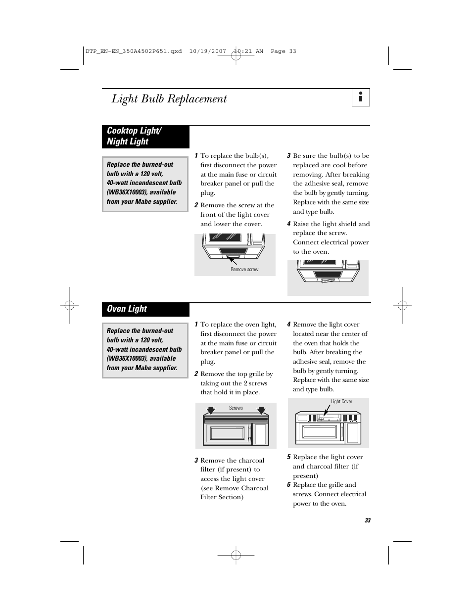 Light bulb replacement, Cooktop light/ night light, Oven light | GE Spacemaker Microwave Oven JVM1540 User Manual | Page 33 / 43