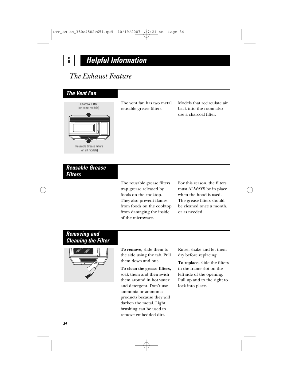Helpful information, The exhaust feature, The vent fan | Reusable grease filters, Removing and cleaning the filter | GE Spacemaker Microwave Oven JVM1540 User Manual | Page 34 / 43
