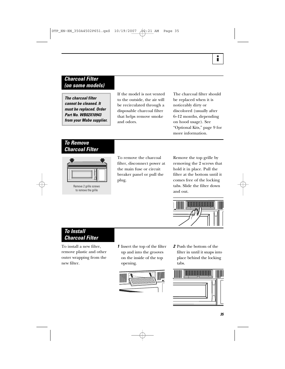 Charcoal filter (on some models) | GE Spacemaker Microwave Oven JVM1540 User Manual | Page 35 / 43