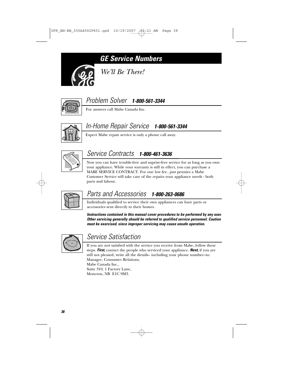 Ge service numbers, Problem solver, In-home repair service | Service contracts, Parts and accessories, Service satisfaction, We’ll be there | GE Spacemaker Microwave Oven JVM1540 User Manual | Page 38 / 43