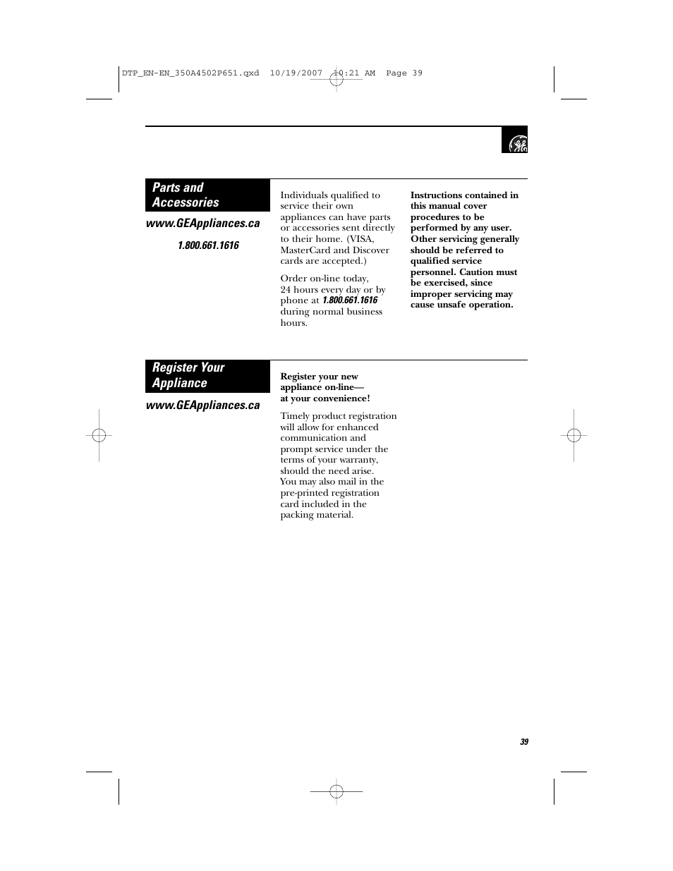 Parts and accessories, Register your appliance | GE Spacemaker Microwave Oven JVM1540 User Manual | Page 39 / 43
