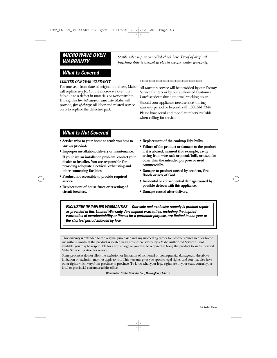 GE Spacemaker Microwave Oven JVM1540 User Manual | Page 43 / 43