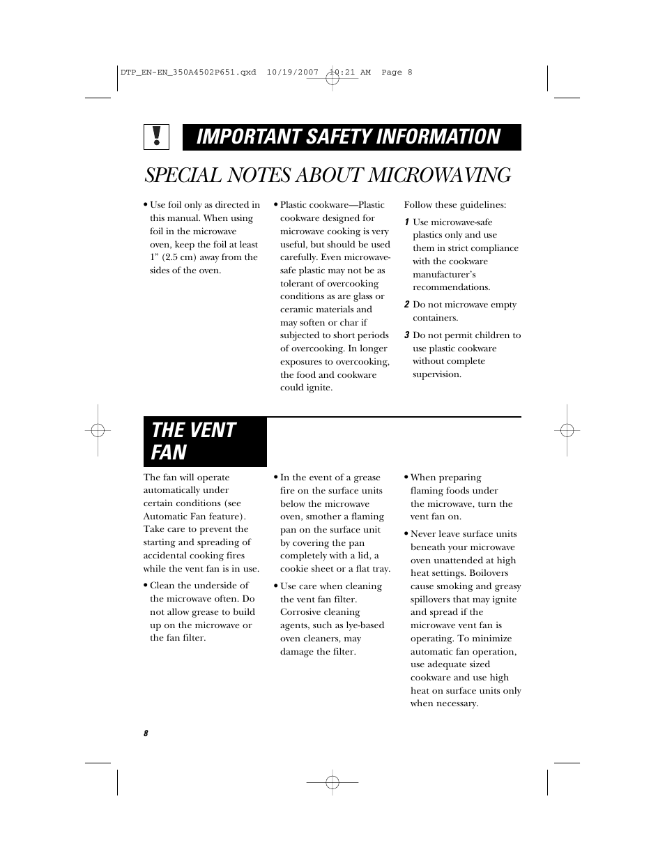 The vent fan important safety information | GE Spacemaker Microwave Oven JVM1540 User Manual | Page 8 / 43