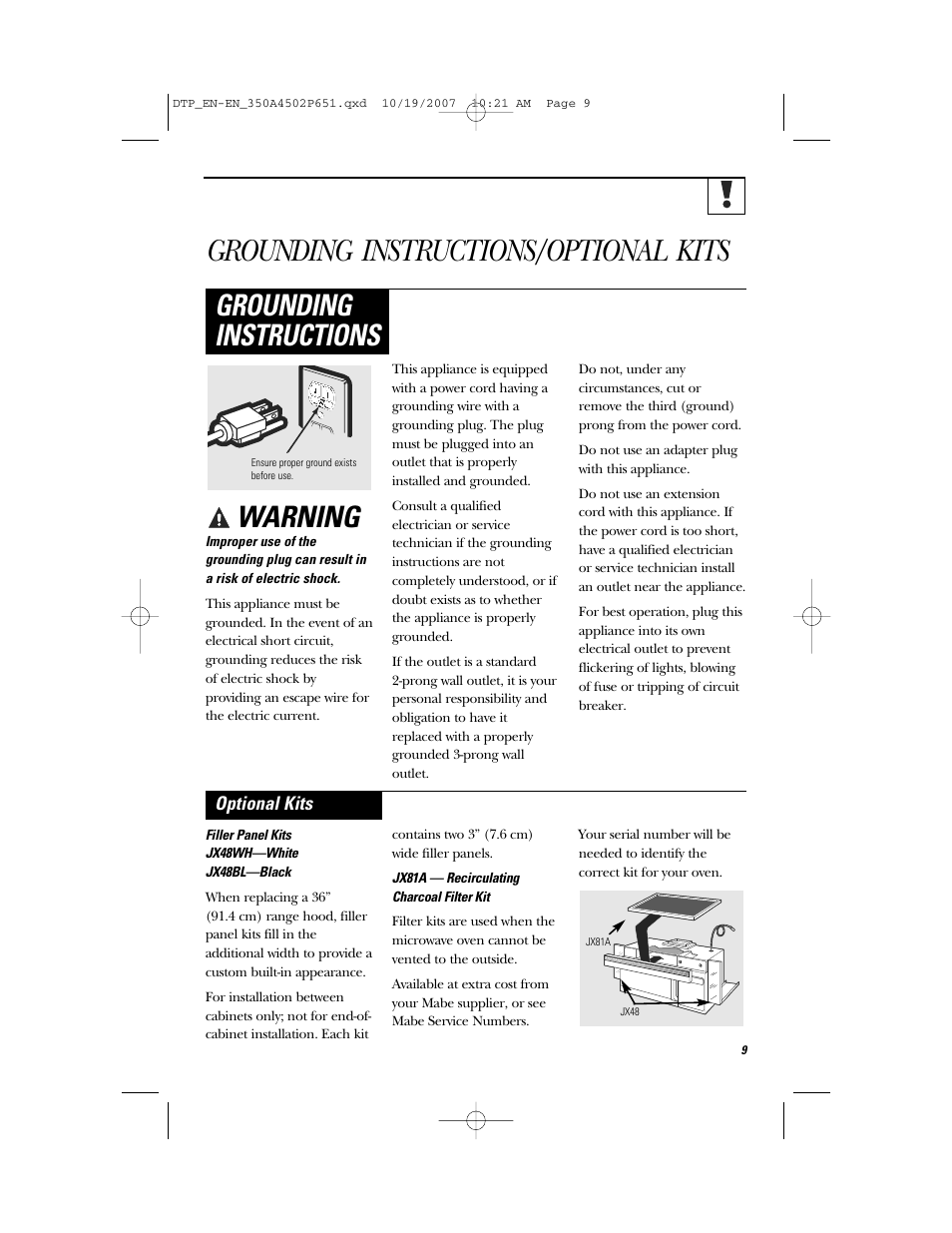 Grounding instructions/optional kits, Warning, Grounding instructions | Optional kits | GE Spacemaker Microwave Oven JVM1540 User Manual | Page 9 / 43