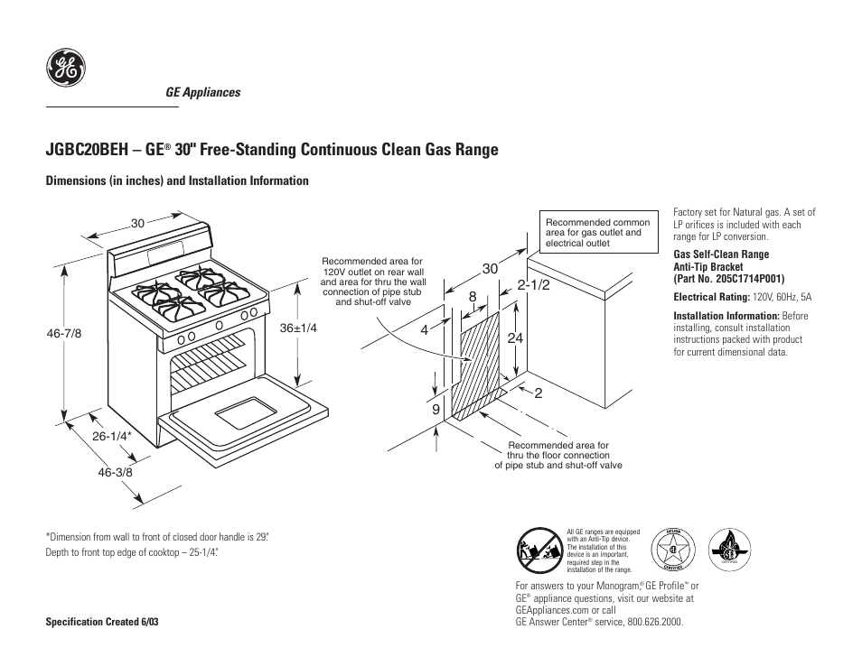 GE APPLIANCES JGBC20BEH User Manual | 2 pages