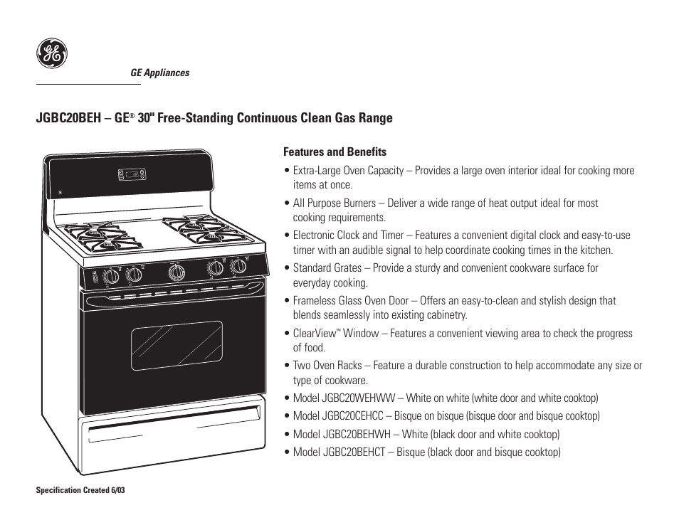 Jgbc20beh – ge, 30" free-standing continuous clean gas range | GE APPLIANCES JGBC20BEH User Manual | Page 2 / 2