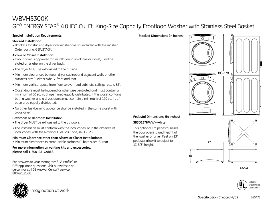 Wbvh5300k, Energy star | GE Energy Star WBVH5300K User Manual | Page 2 / 3