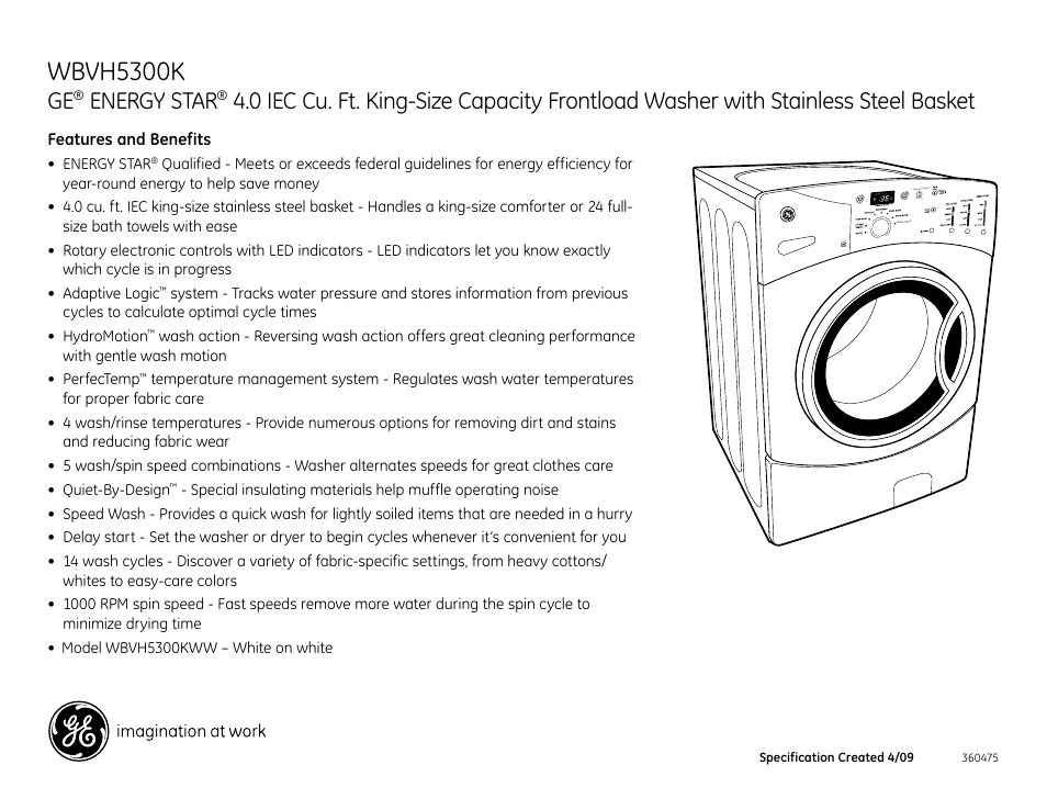 Wbvh5300k, Energy star | GE Energy Star WBVH5300K User Manual | Page 3 / 3