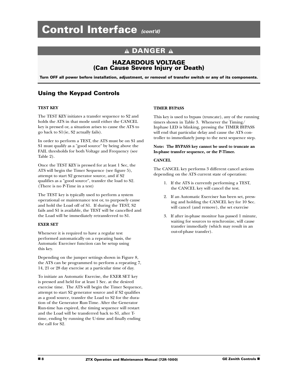 Control interface, Danger, Using the keypad controls | GE Industrial Solutions ZTX Series User Manual | Page 10 / 18
