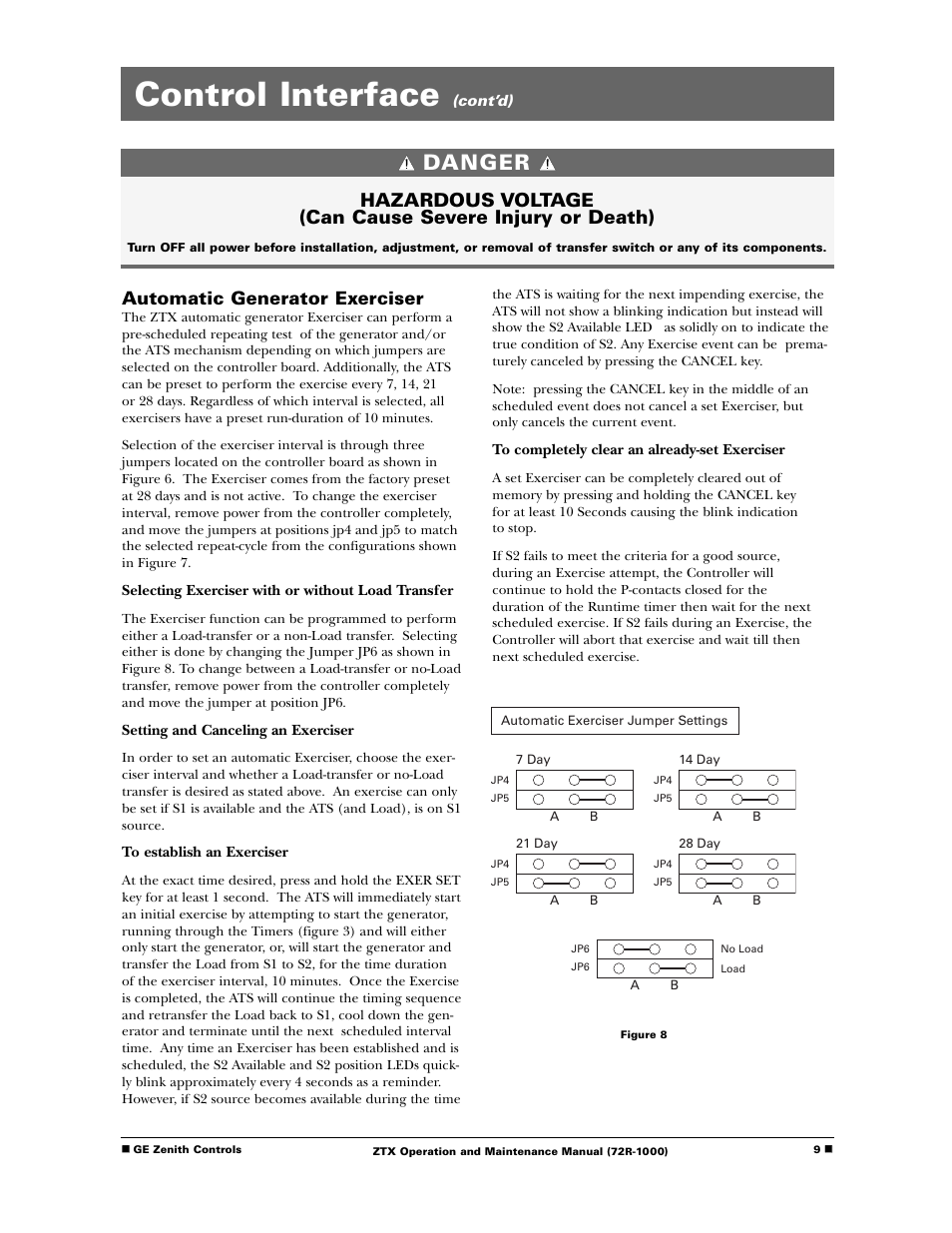 Control interface, Danger, Automatic generator exerciser | GE Industrial Solutions ZTX Series User Manual | Page 11 / 18