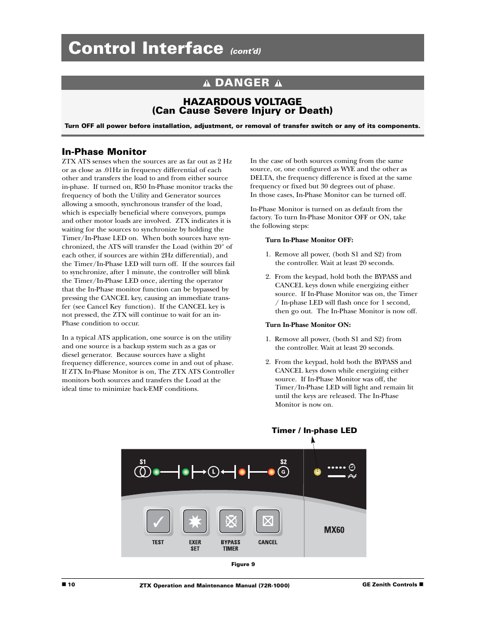 Control interface, Danger, In-phase monitor | GE Industrial Solutions ZTX Series User Manual | Page 12 / 18