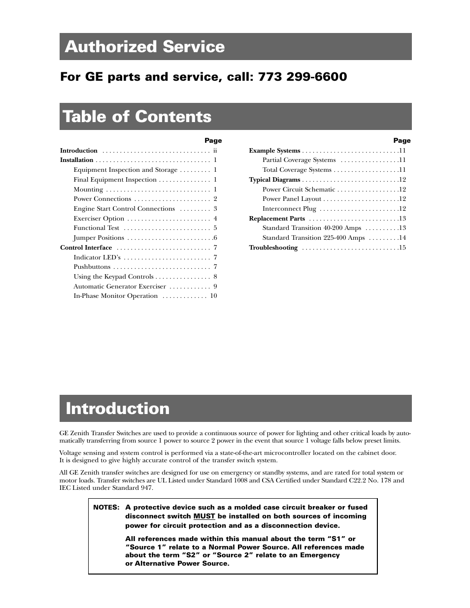 Table of contents authorized service, Introduction | GE Industrial Solutions ZTX Series User Manual | Page 2 / 18