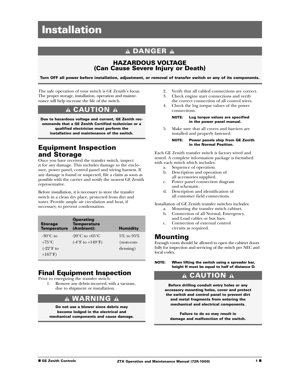 Installation, Mounting, Danger | Equipment inspection and storage, Caution, Final equipment inspection, Warning | GE Industrial Solutions ZTX Series User Manual | Page 3 / 18