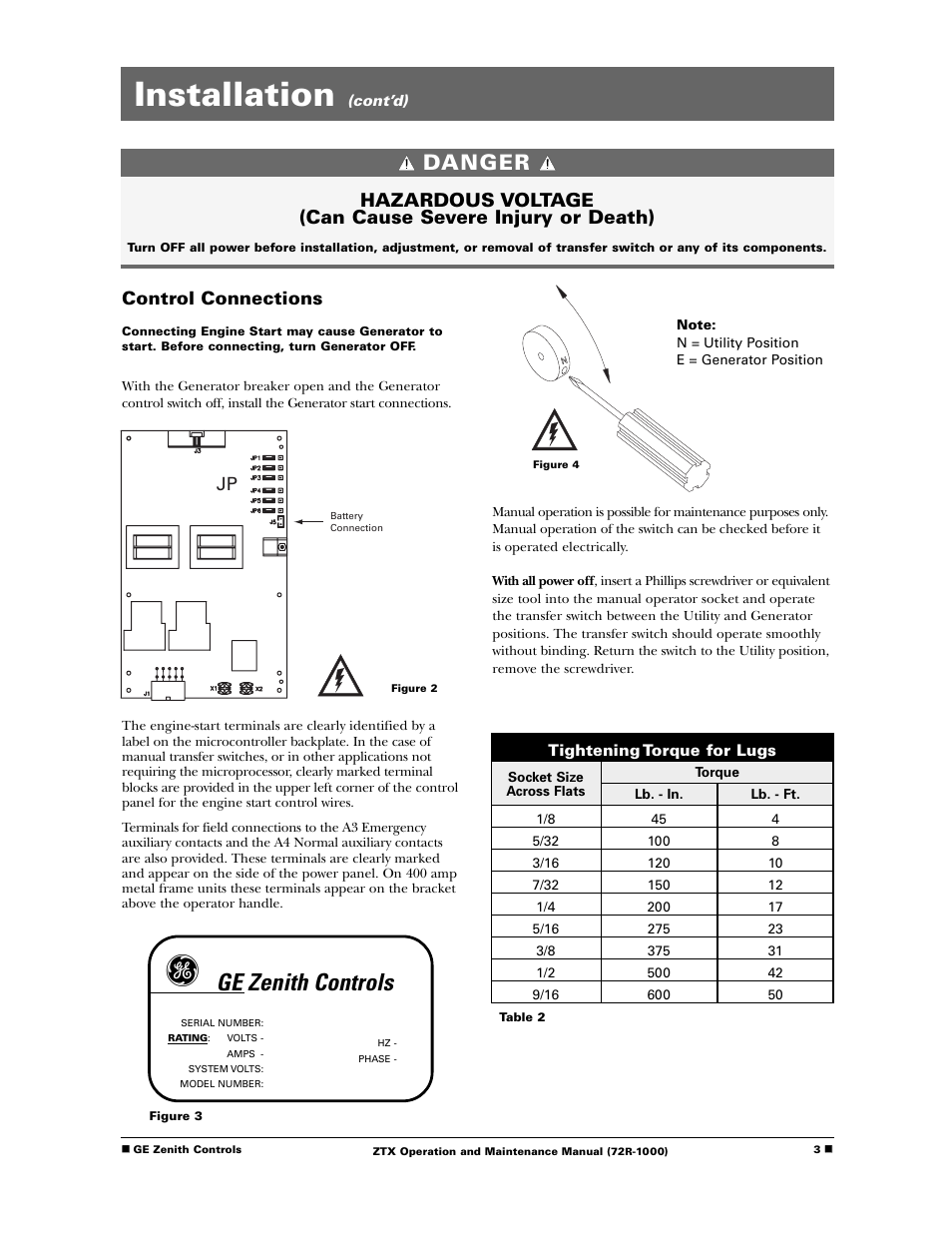 Installation, Ge zenith controls, Danger | Control connections | GE Industrial Solutions ZTX Series User Manual | Page 5 / 18