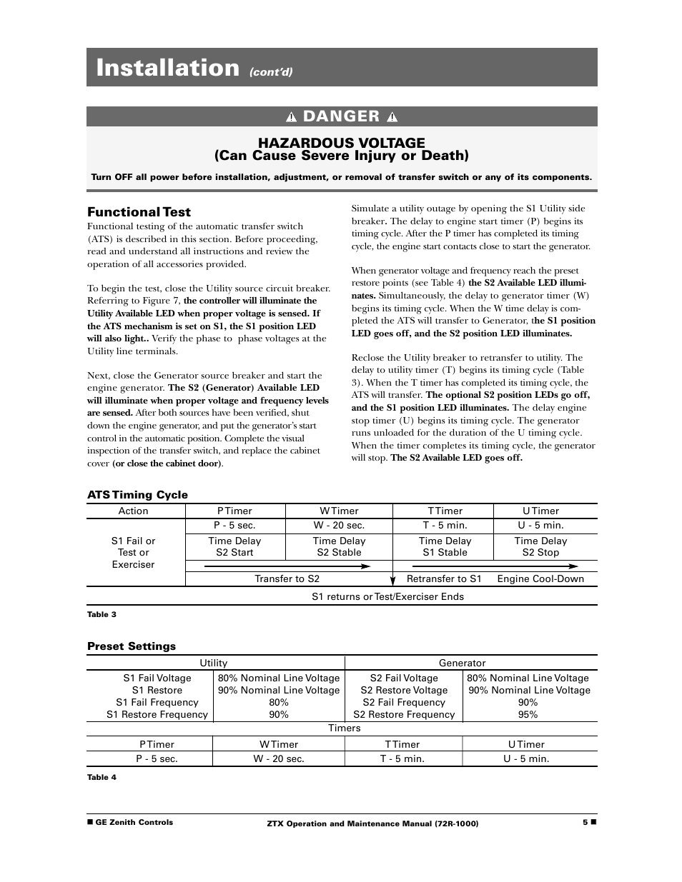 Installation, Danger, Functional test | GE Industrial Solutions ZTX Series User Manual | Page 7 / 18