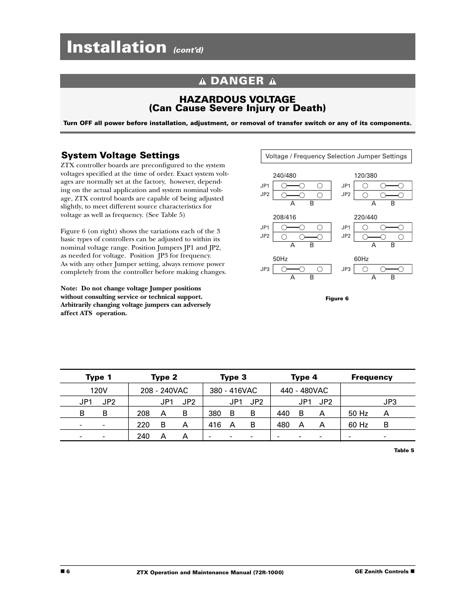 Installation, Danger, System voltage settings | GE Industrial Solutions ZTX Series User Manual | Page 8 / 18