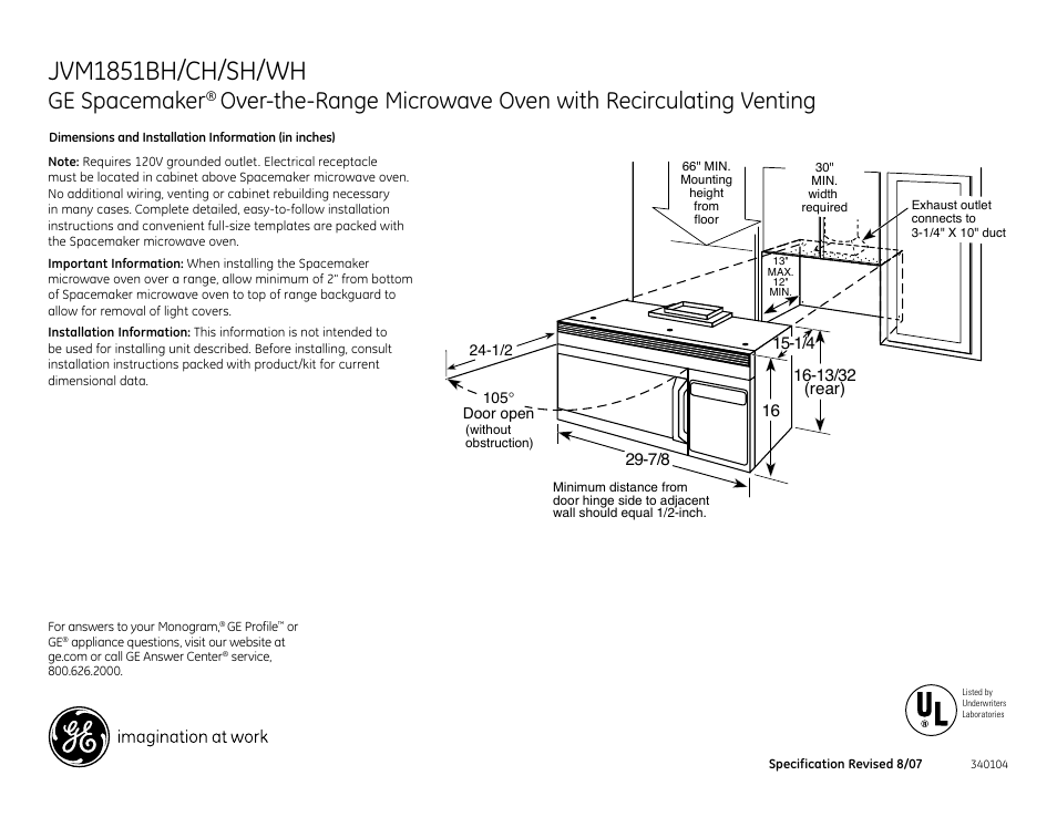 GE Spacemaker JVM1851CH User Manual | 3 pages