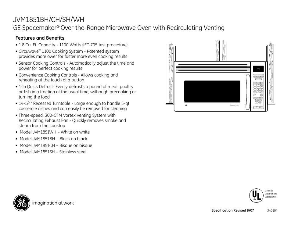 Jvm1851bh/ch/sh/wh, Ge spacemaker, Features and benefits | One touch sensor, Express cook express cook express cook, Specification revised 8/07 | GE Spacemaker JVM1851CH User Manual | Page 3 / 3