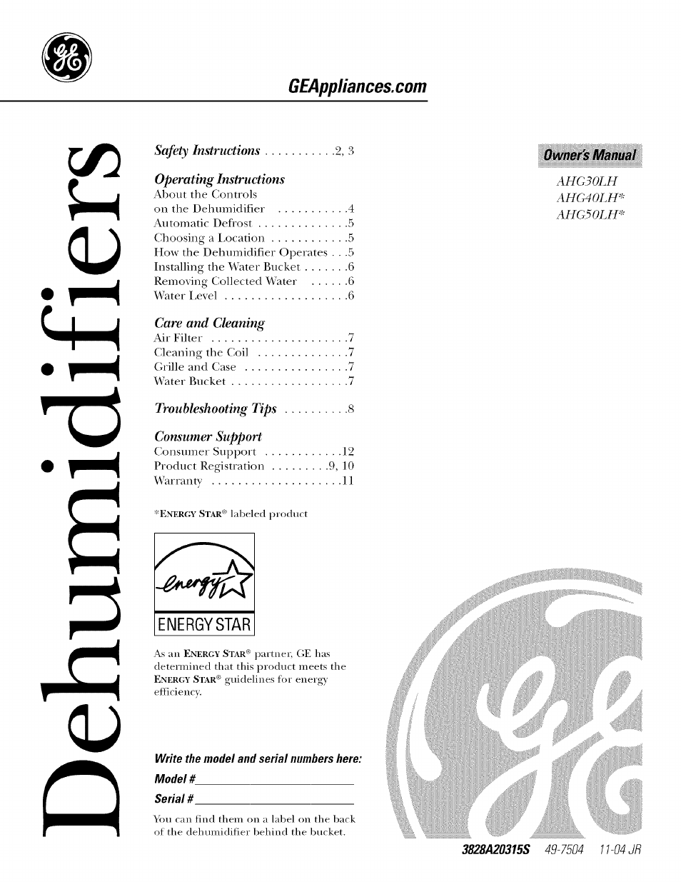 GE AHG50LH User Manual | 12 pages