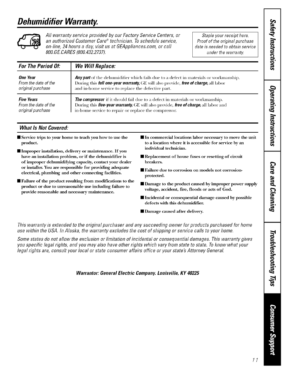 Dehumidifier warranty, For the period of: we will replace, What is not covered | GE AHG50LH User Manual | Page 11 / 12